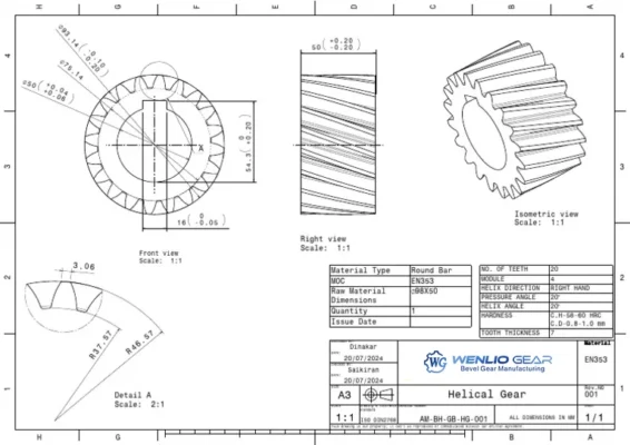 custom helical gear drawing